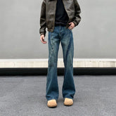 Threebooy American Retro Loose Flared Jeans for Men High Street y2k Fashionable Nostalgic Straight Washed Distressed Long Pants